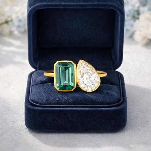 2CT الزمرد خاتم الخطوبة 14K الذهب الأصفر مويسانيتي وعد الدائري اثنين حجر مجوهرات الزفاف أنت وأنا خاتم هدية in Saudi Arabia