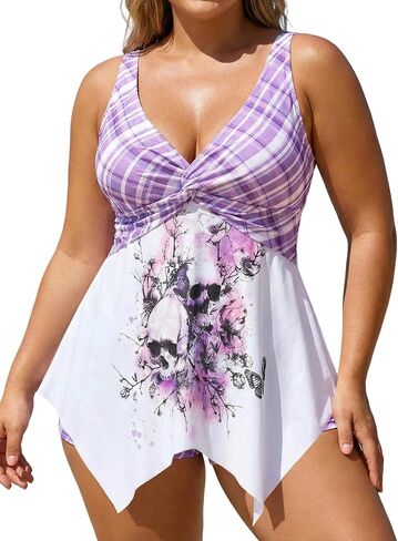 ROSE GAL Plus Size Women Gothic Two Piece Bathing Suit Skull Floral Print Plaid Tankini Swimsuit in Saudi Arabia