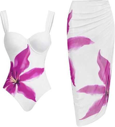 Women's One Piece Swimsuit with Cover Up Wrap Skirt Floral Beach Swimsuit with Cover Up Set Monokini Two Piece in Saudi Arabia