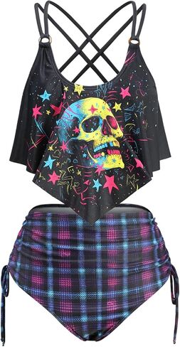 ROSE GAL Plus Size Womens Gothic Curvy Two Piece Tankini Swimsuts Set Skulls Stars Padded Tankini Set in Saudi Arabia