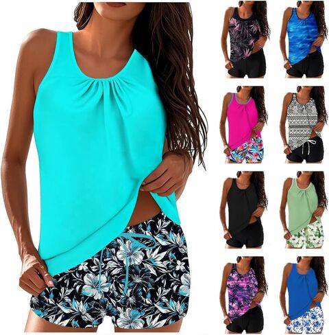 Tankini Swimsuits for Women Modest Two Pice Blouson Bathing Suit with Shorts Beach Resort Print Full Coverage Swimwear in Saudi Arabia