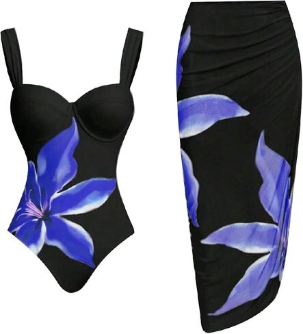 Women's One Piece Swimsuit with Cover Up Wrap Skirt Floral Beach Swimsuit with Cover Up Set Monokini Two Piece in Saudi Arabia