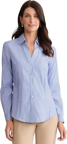 Jones New York Women's Easy Care Y Neck Button Down Striped Shirt, Blue/White in Kuwait