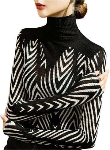 Women's High Neck Long Sleeve Zebra Print Color Block Pullovers Slim Fit Shirt Trendy Blouse Casual Tops in Saudi Arabia