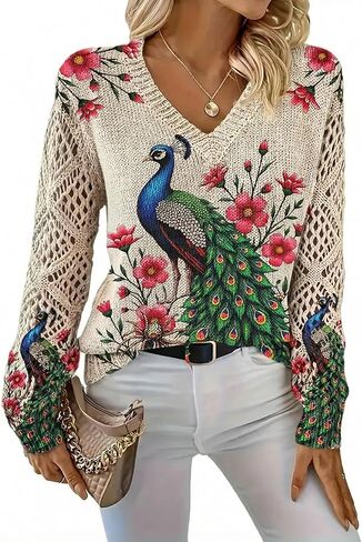 سترة بوهو بطبعة طاووس بمقاس كبير، بلوزة بأكمام طويلة من الدانتيل الماسي ورقبة على شكل حرف V، بلوزة أنيقة غير رسمية in Kuwait