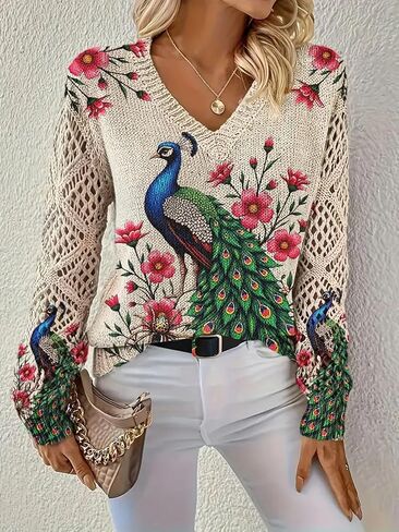 سترة بوهو بطبعة طاووس بمقاس كبير، بلوزة بأكمام طويلة من الدانتيل الماسي ورقبة على شكل حرف V، بلوزة أنيقة غير رسمية in Kuwait