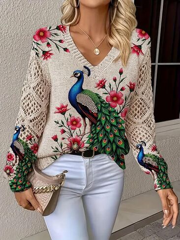 سترة بوهو بطبعة طاووس بمقاس كبير، بلوزة بأكمام طويلة من الدانتيل الماسي ورقبة على شكل حرف V، بلوزة أنيقة غير رسمية in Kuwait