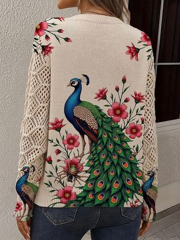 سترة بوهو بطبعة طاووس بمقاس كبير، بلوزة بأكمام طويلة من الدانتيل الماسي ورقبة على شكل حرف V، بلوزة أنيقة غير رسمية in Kuwait