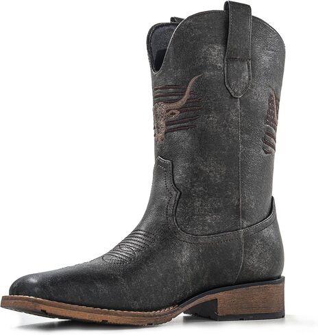 Winbird Square Toe Cowboy Boots for Men Classic Patriot Embroidered Western Boots Men's Vegan Leather Pull On Slip Resistant Boot, Retro Chunky Heel Short Country Boots for Spring Fall in Saudi Arabia