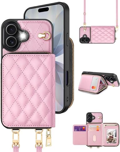 Acase متوافق مع iPhone 17 Pro Max Crossbody Wallet Case مع حامل البطاقة ، محفظة هاتف Pu Sheipper Handbag مع RFID حظر حزام معصم المعصم 6.9 بوصة ، روز فحص الماس. in Kuwait