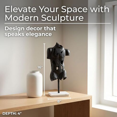Sagebrook Home Modern Abstract Metal & Stone Sculpture - Aluminum Male Torso Statue on Marble Base - Elegant Home & Office Decor for Living Room, Bedroom, or Desk - 17" Black in Saudi Arabia