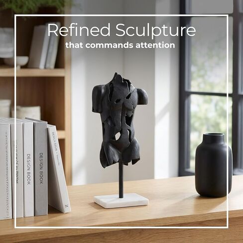 Sagebrook Home Modern Abstract Metal & Stone Sculpture - Aluminum Male Torso Statue on Marble Base - Elegant Home & Office Decor for Living Room, Bedroom, or Desk - 17" Black in Saudi Arabia