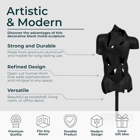 Sagebrook Home Modern Abstract Metal & Stone Sculpture - Aluminum Male Torso Statue on Marble Base - Elegant Home & Office Decor for Living Room, Bedroom, or Desk - 17" Black in Saudi Arabia