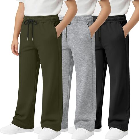3 Pcs Boys Lightweight Sweatpants Wide Leg Open Bottom Drawstring Elastic High Waist Joggers Baggy Athletic Pants in Saudi Arabia