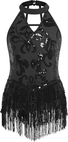 ODASDO Girls Sparkly Sequin Tassel Fringe Bodysuit Dance Leotard Strappy Back Halter V-Neck Latin Jazz Hip Hop Dancewear in Saudi Arabia