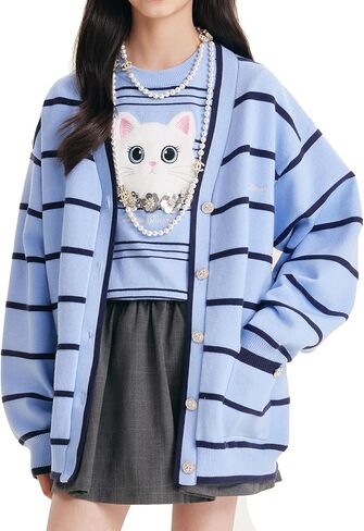 Girls Striped Cardigan Sweater Light Blue with Navy Stripes Button-Down V-Neck Knit Cardigan for Girls 6-16Y in Saudi Arabia