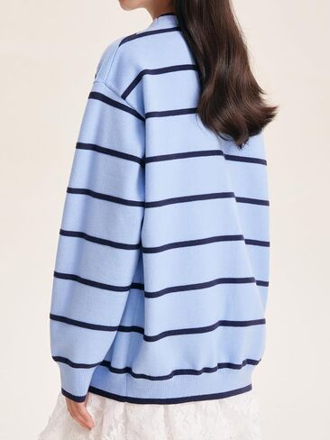 Girls Striped Cardigan Sweater Light Blue with Navy Stripes Button-Down V-Neck Knit Cardigan for Girls 6-16Y in Saudi Arabia