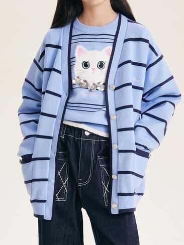 Girls Striped Cardigan Sweater Light Blue with Navy Stripes Button-Down V-Neck Knit Cardigan for Girls 6-16Y in Saudi Arabia