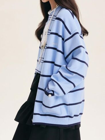 Girls Striped Cardigan Sweater Light Blue with Navy Stripes Button-Down V-Neck Knit Cardigan for Girls 6-16Y in Saudi Arabia