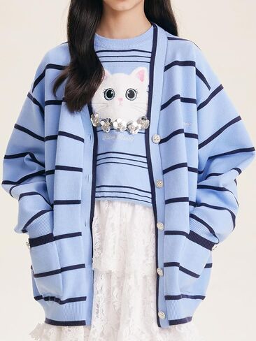 Girls Striped Cardigan Sweater Light Blue with Navy Stripes Button-Down V-Neck Knit Cardigan for Girls 6-16Y in Saudi Arabia