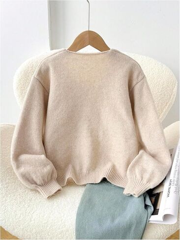 SHENHE Girl's Cute Button Up Cardigan Bow Cozy Sweaters Long Sleeve Knit Fall Tops Khaki 12Y in Saudi Arabia
