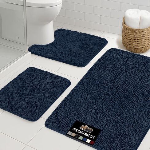 GORILLA GRIP Bathroom Rug Sets 3 Piece, Bath Mat Set and Oval Toilet Base with Rubber Backing, Plush Absorbent Shaggy Chenille Washable Mats, Includes 24x19.5, 24x17 and 36x24 Inch Rugs, Navy in Saudi Arabia
