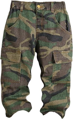 WDIRARA Boy's Camo Cargo Jeans Streetwear Straight Leg Denim Pants with Flap Pockets in Saudi Arabia