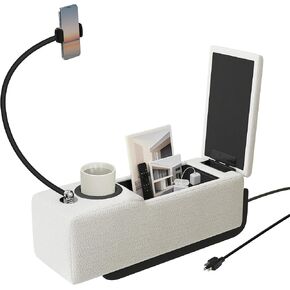 Couch Caddy with Cup Holder Multifunctional Couch Armrest Charging Console Phone Holder Sofa Arm Rest 20.3'' Removable White Chenille Sofa Organizer Remote Snack Storage for Livingroom Couches in Saudi Arabia