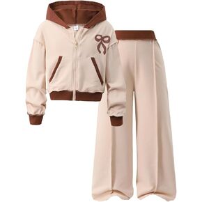 Girls' 2-Piece Clothes Bow Print Zip-Up Hoodie Contrast-Color Wide-Leg Pants Winter 7-14Y Outfits Set in Saudi Arabia