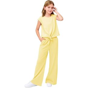 Haloumoning Girls Summer 2 Piece Outfits Kids Cap Sleeve Twist Front Tops Wide Leg Pants Clothing Sets 5-14Y in Saudi Arabia