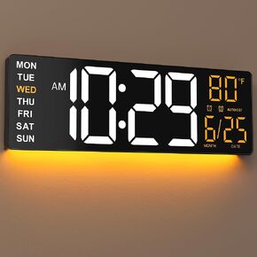 16.5" Large Digital Wall Clock with Anti-Glare Display, RGB Lights with 10 Scenes Mode Remote Control, Adjustable Brightness, Dual Alarms, Auto DST, BT Sync, Temperature for Living Room in Kuwait