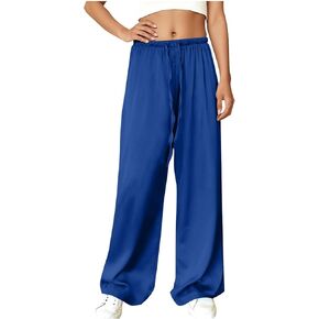 Womens Satin Wide Leg Dress Pants Silk Casual Dressy Flowy Long Pants Drawstring Elastic High Waisted Trousers in Saudi Arabia