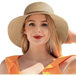 Sun Beach Hats for Women,Wide Brim Straw Hats Womens with Chin Strap, Foldable Woven Sun Hat UV Protection in Kuwait