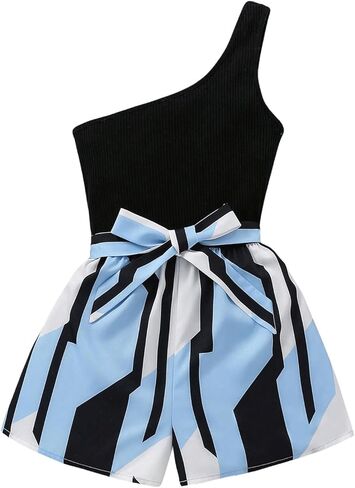 SHENHE Girl's Color Block One Shoulder Sleeveless Ribbed Belted Short Romper Jumpsuit in Saudi Arabia