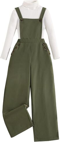 Girls Overalls Casual Cross Back Straps Elastic Waist Wide Leg Jumpsuit for Kids with Pockets and Buttons in Kuwait