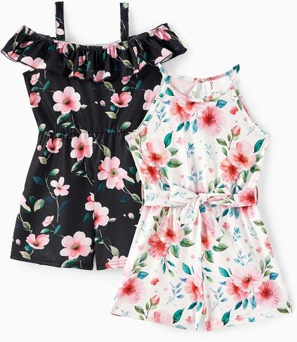 باتبات الفتيات 2-حزمة رومبير بلا أكمام النباتات الأزهار المطبوعة أزياء الصيف الملابس للأطفال مجموعة متعددة 5-12 سنة in Kuwait