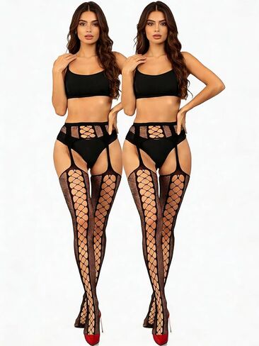 2PCS Suspender Fishnet Pantyhose for Women Pattern Lace Fishnet Tights Thigh High Stockings with Garter Leggings in Saudi Arabia