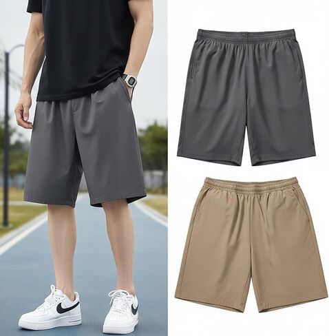 Men's Summer Cool Silk Athletic Shorts - 2 Pack Dark Gray + Khaki, Loose Fit 5" Inseam Lounge Running Shorts for Big & Tall Men, Size XL in Saudi Arabia