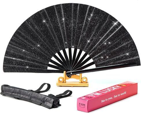 Folding Fan Clack Hand 13inch Bamboo Holster for women Dancing Party Wedding Night Club Concert Festival Large (Black) in Saudi Arabia