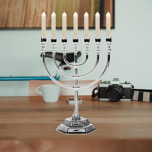 Traditional Jewish Menorah, 7 Branch Silver-Plated Candle Holder for Home Altar, Judaica Decor from Holy Land Jerusalem, Table Centerpiece 17cm in Saudi Arabia