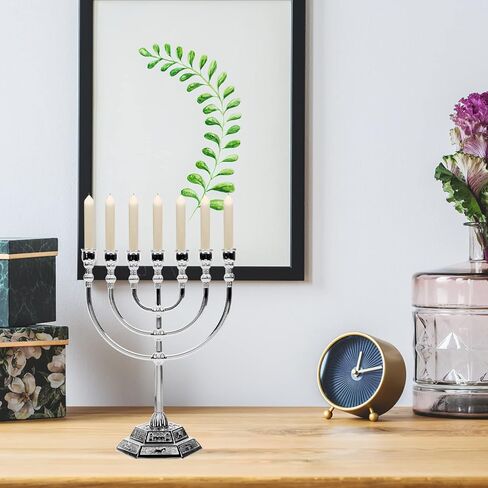Traditional Jewish Menorah, 7 Branch Silver-Plated Candle Holder for Home Altar, Judaica Decor from Holy Land Jerusalem, Table Centerpiece 17cm in Saudi Arabia
