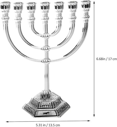 Traditional Jewish Menorah, 7 Branch Silver-Plated Candle Holder for Home Altar, Judaica Decor from Holy Land Jerusalem, Table Centerpiece 17cm in Saudi Arabia