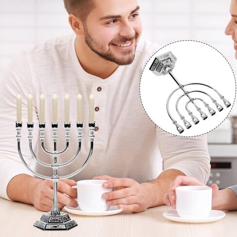Traditional Jewish Menorah, 7 Branch Silver-Plated Candle Holder for Home Altar, Judaica Decor from Holy Land Jerusalem, Table Centerpiece 17cm in Saudi Arabia