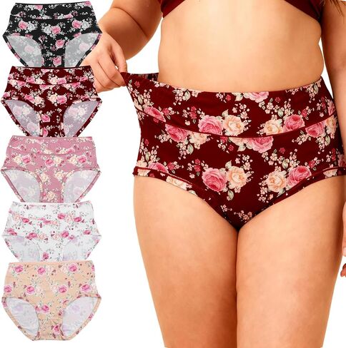 Womens Underwear Plus Size XL-5XL Mid Waist High Panties Ladies Briefs Floral Print Panty 5 Pack Undies in Saudi Arabia