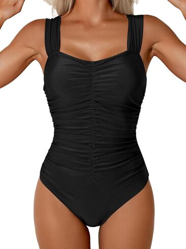 One Piece Swimsuit for Women Tummy Control Ruched Retro Bathing Suit Modest Full Coverage Swimwear in Kuwait