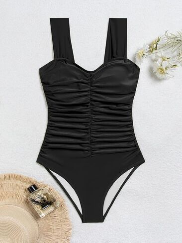 One Piece Swimsuit for Women Tummy Control Ruched Retro Bathing Suit Modest Full Coverage Swimwear in Kuwait