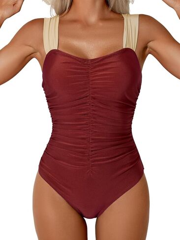 One Piece Swimsuit for Women Tummy Control Ruched Retro Bathing Suit Modest Full Coverage Swimwear in Kuwait