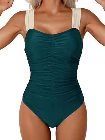 One Piece Swimsuit for Women Tummy Control Ruched Retro Bathing Suit Modest Full Coverage Swimwear in Kuwait