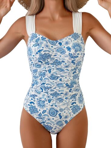 One Piece Swimsuit for Women Tummy Control Ruched Retro Bathing Suit Modest Full Coverage Swimwear in Kuwait