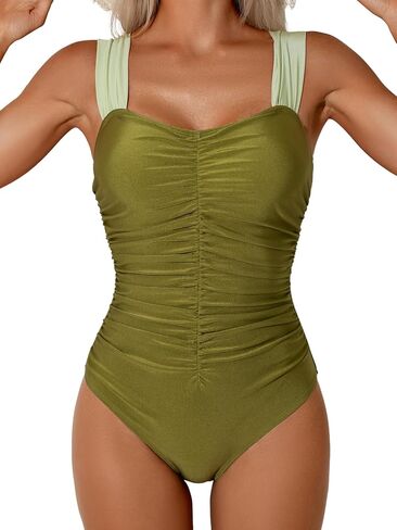 One Piece Swimsuit for Women Tummy Control Ruched Retro Bathing Suit Modest Full Coverage Swimwear in Kuwait